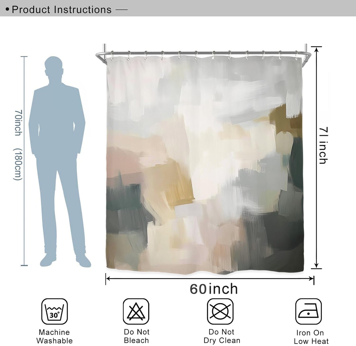 Miyotaa Abstract Modern Brushstroke Shower Curtain Set 60Wx71H Inches Minimalist Neutral Contemporary Aesthetic Oil Painting Simple Art Waterproof Bathroom Curtain with 12 Hooks