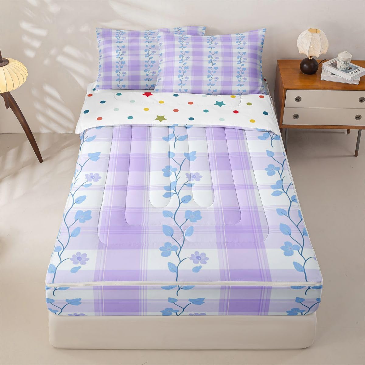 Feelyou Purple Flower Zipper Bedding Sets for Kids Boys Girls Botanical Floral Printed Queen Comforter Set with Fitted Sheet Natural Theme Bedroom Decor Microfiber with 2 Pillow Cases