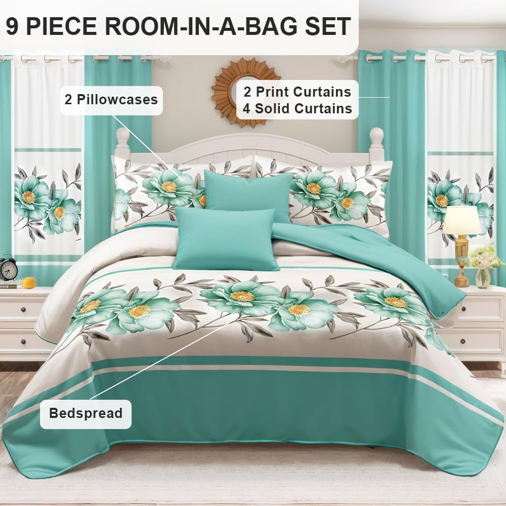 CozyCreatures Vintage Boho Olive Green King Light Comforter Set, 9-Piece Bed in a Bag with Curtains, Brushed Microfiber Bedspread Set with Matching Curtains for Master Bedroom, Machine Washable