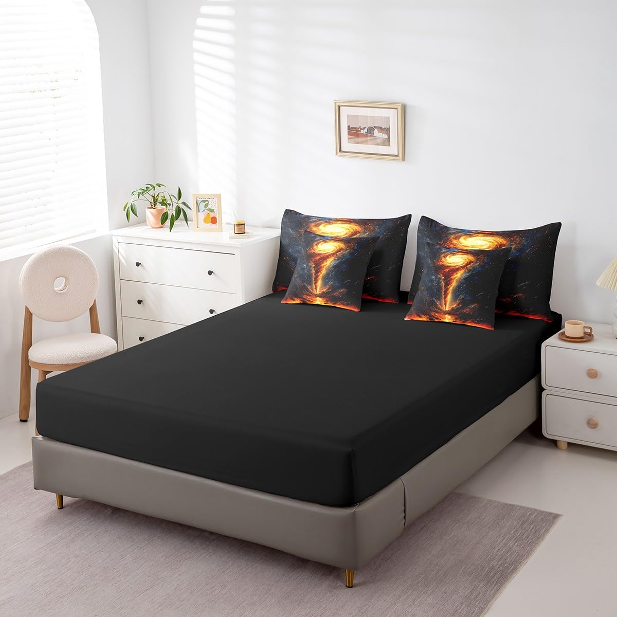 Erosebridal Tornado Comforter Set Queen,Dreamy Golden Nebula Bed in a Bag for Kids Boys Teens,Lava of Volcano Bedding Set 7Pcs,Starry Sky Galaxy Stars Quilt