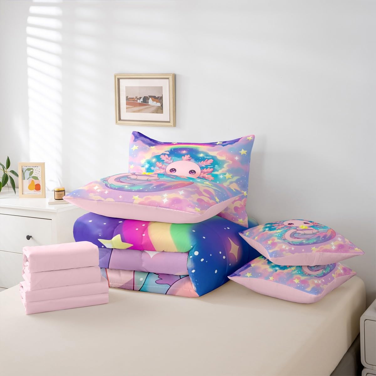 Girls Axolotl Queen Comforter Set Preppy Cute Axolotl Bed in a Bag with Flat and Fitted Sheet for Kids Boys Teens Dreamy Cloud Stars Rainbow 7-Piece Bedding Set Cartoon Ocean Animal Quilt Duvet Sets