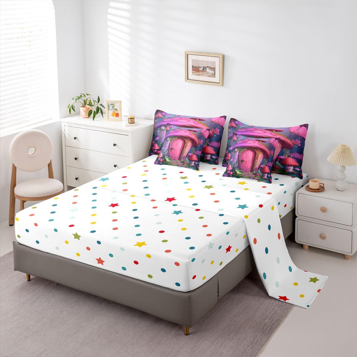 Erosebridal Comforter Set Twin Size, Cute Mushroom House 7 Pcs Bedding for Kids and Adults, Fairy Tale Frog Bed Sheet Sets with Fitted Sheet 2 Pillowcases & 2 Shams for Bedroom Bed Decor