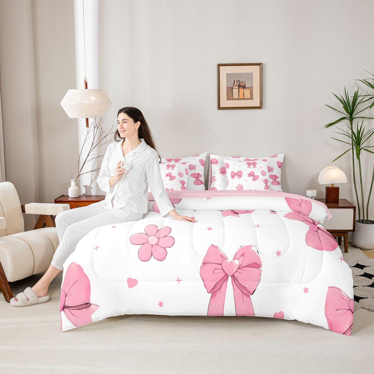Erosebridal Pink Bows King 7 Piece Comforter Set for Girls Bedroom Bowknot Bedding Set Bed in A Bag Dreamy Coquette Bow Bed Set Girly Ribbon Heart Flowers Quilt Comforter with Sheets