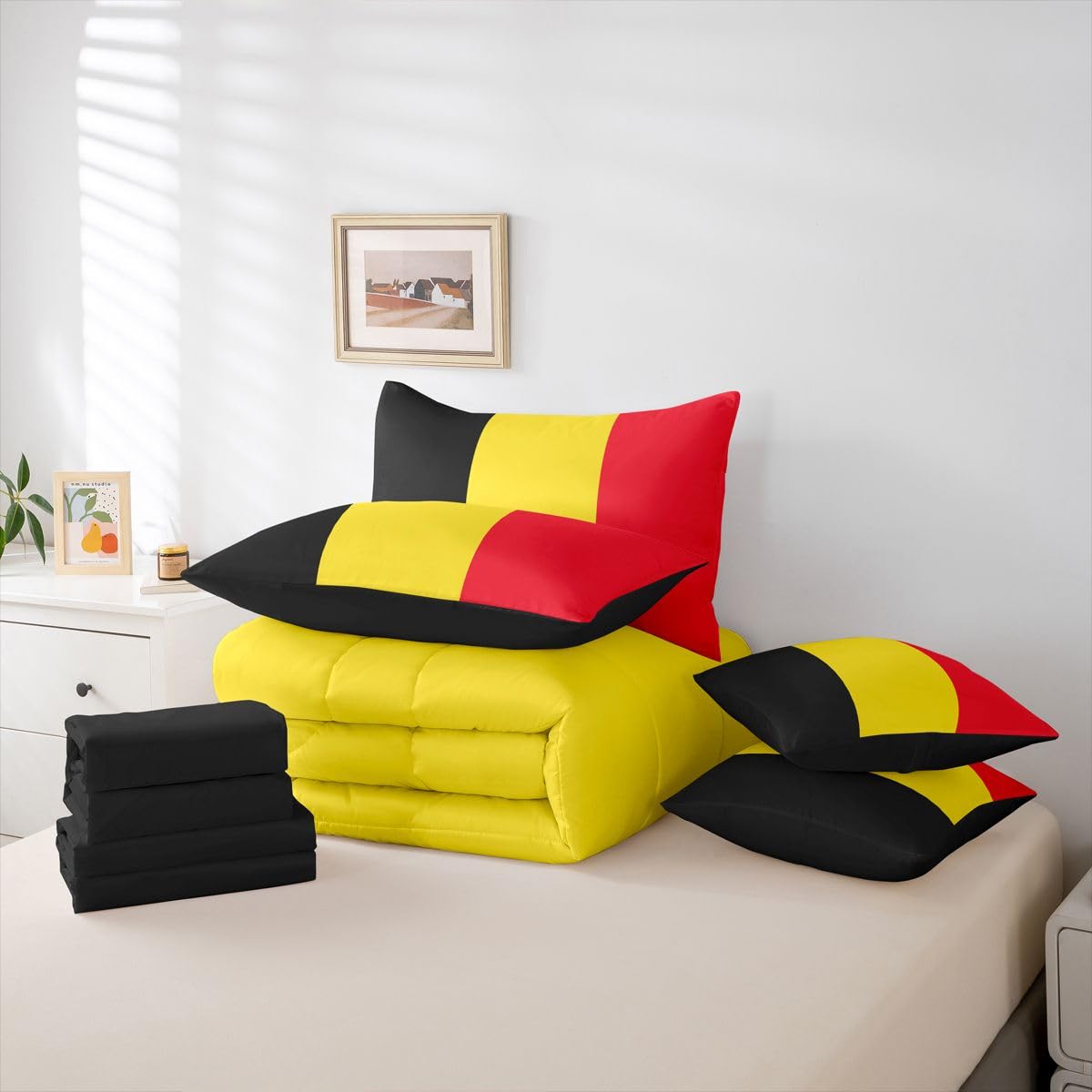 Feelyou Belgian Flag Comforter Set with Sheets 7 Piece King Size Belgium Bedding Set for Kids Boys Girls World Countries Bed in a Bag International Flag Room Decor Soft Lightweight Microfiber