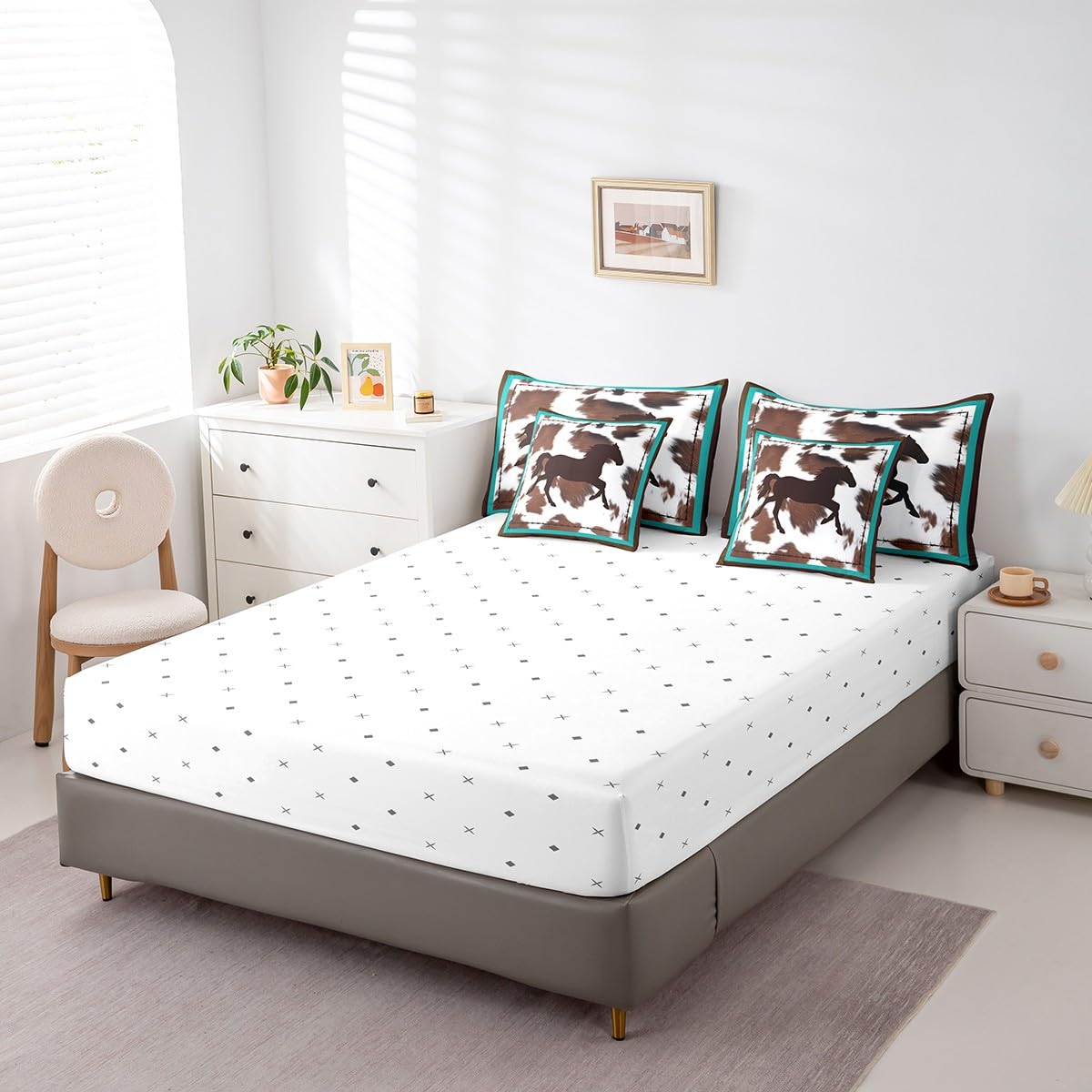 Feelyou Horse 7 Piece Bedding Set 7 Piece Bedding Set Rustic Western Cowboy Cowhide Print Comforter Cover Bedroom Decor Retro Farmhouse Horse Teal Blue Brown Queen Size