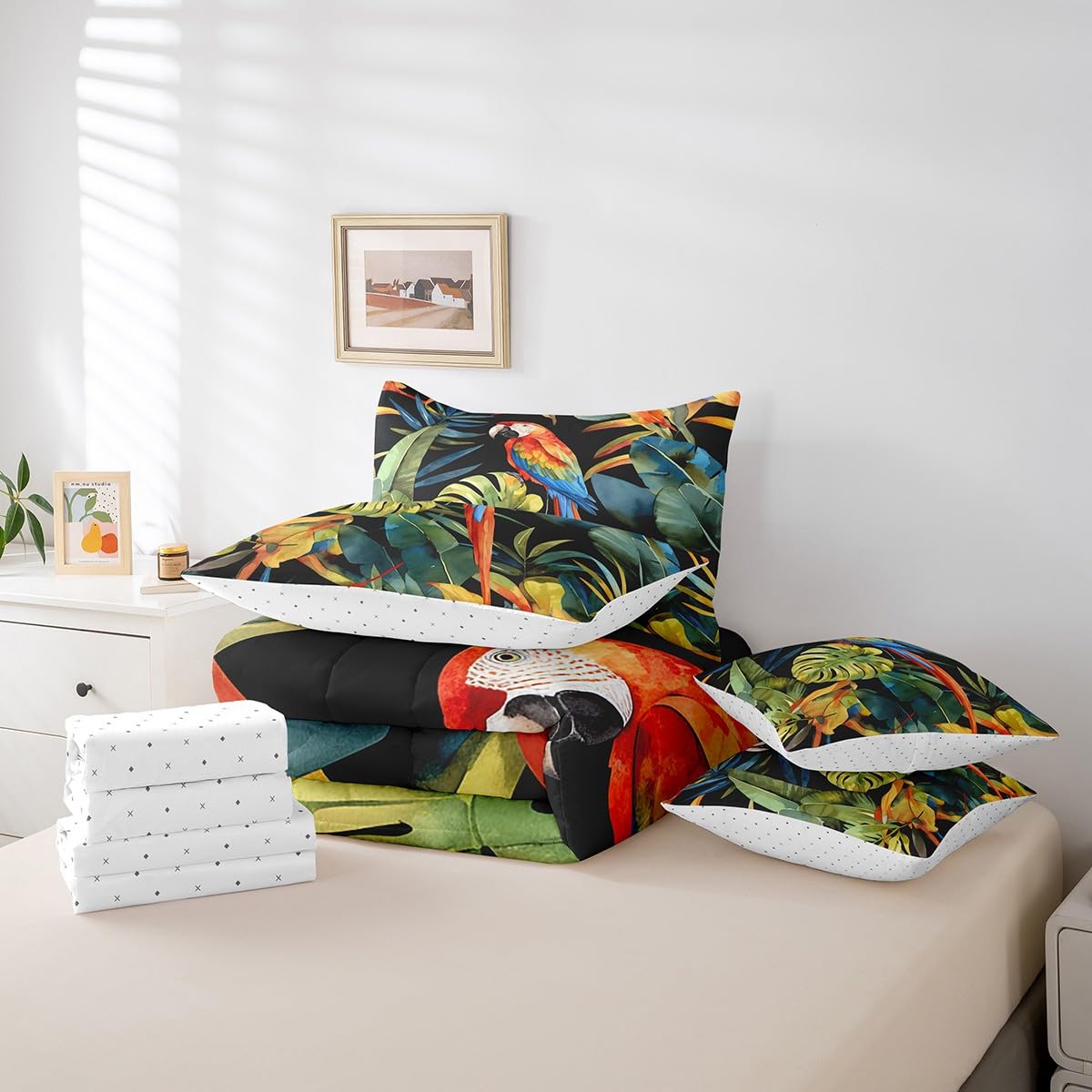 jejeloiu Parrot Comforter Set 7 Pieces Full Size Kids Tropical Leaves Bed in a Bag for Boys Girls Botanical Bedding Set Nature Summer,Comforter + Sheets + Pillowcases + Cushion Covers