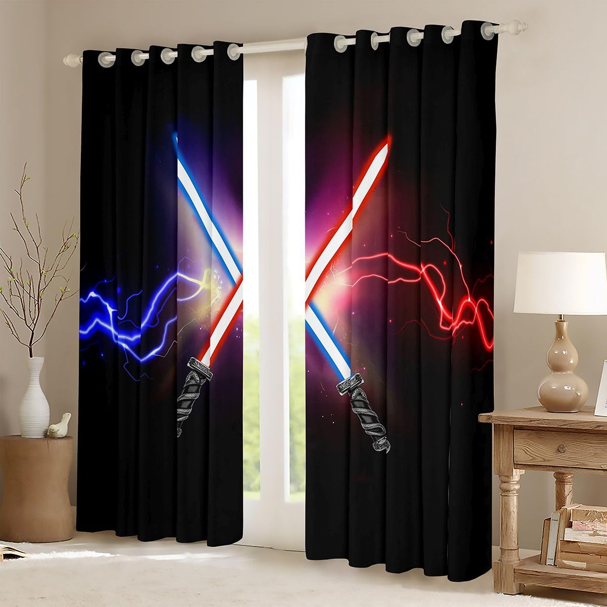Castle Fairy Lightsaber Window Drapes,Blue Red Neon Lightning Sparkling Home Decor Curtains,Boys Games Starry Galaxy Black Durable Blackout Curtains for Kids Gifts,2 Panels, 38Wx54L inch