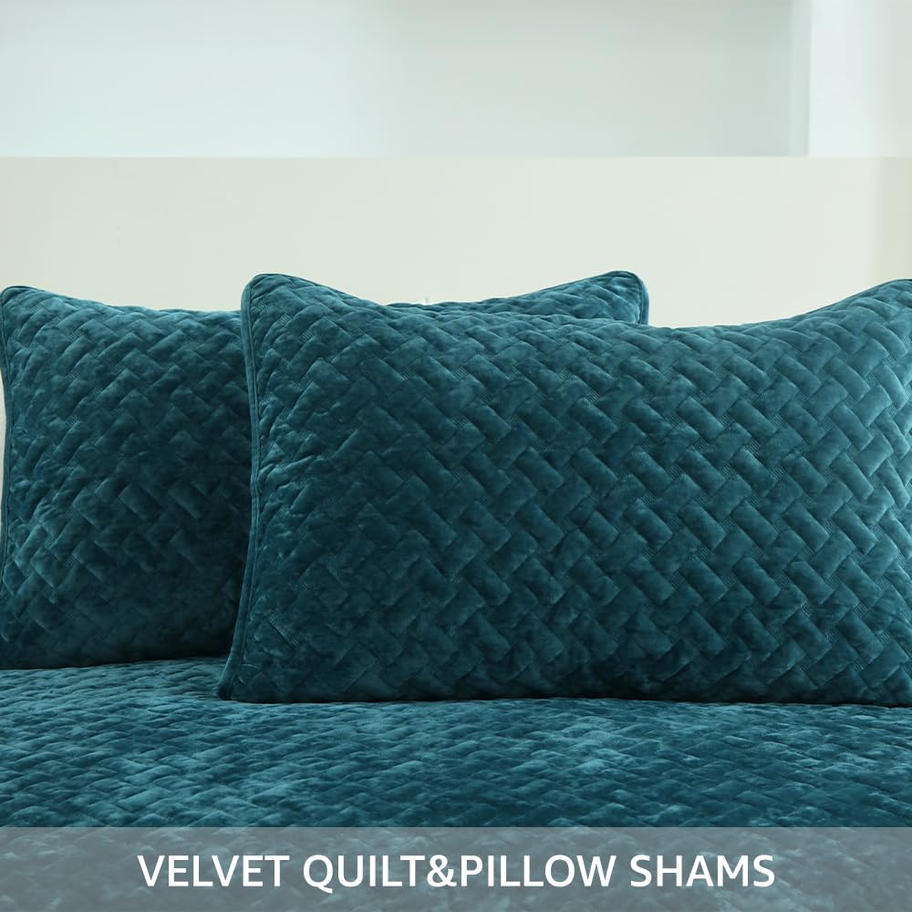 Liians Velvet Bedspread Quilt Bedding Sets,Luxury Elegant Ultra Soft Velvet Comforters Coverlet Blankets,Weave Stitching Pattern Cotton Quilted Bedspread for All Seasons,Teal,King Size