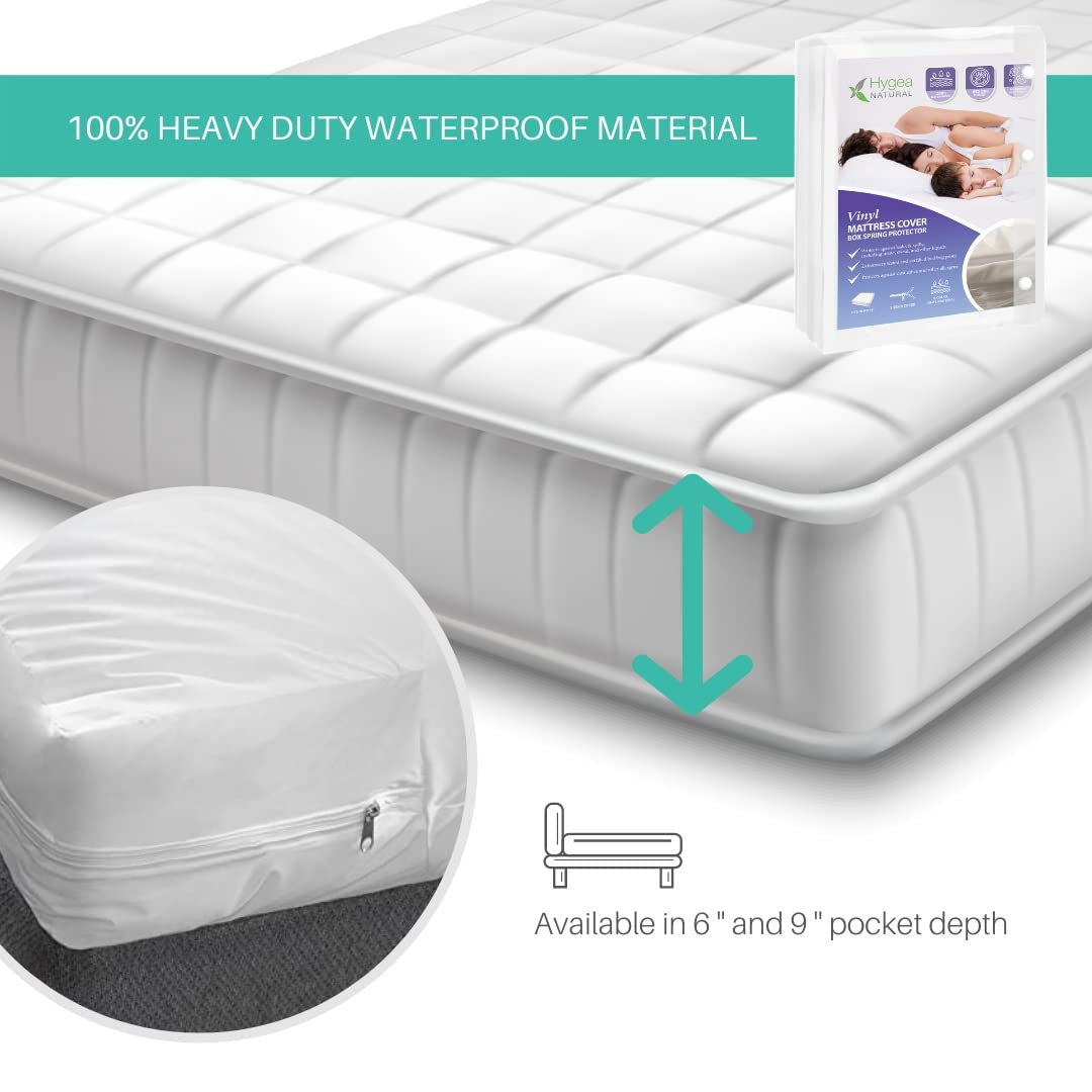 Hygea Natural Twin Size Tear-Free Heavy Duty Vinyl Box Spring and Mattress Cover - Waterproof, Anti-Bed Bug and Allergen-proof, Zippered Encasement - 39” x 75” x 9” Deep - Durable Protection