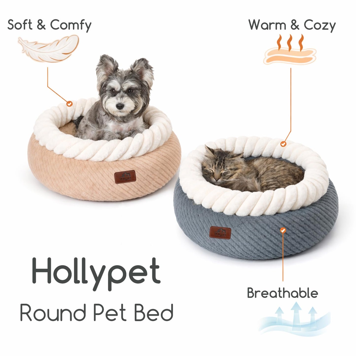 Hollypet Cat Bed for Indoor Cats Kitty Beds, Round Washable Fluffy Small Dog Bed, Soft Cozy Plush Pet Beds for Puppy and Kitten with Non-Slip Bottom (20" D * 8" Th, Gray)
