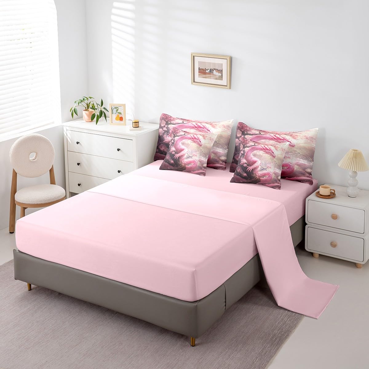 7 Pieces Pink Cherry Flower Comforter Set Queen,Dragon Blossom Bed Set for Kids Boys Girls,Wild Animal Plant Bedding(1 Comforter,1 Fitted Sheet,1 Flat Sheet,2 Pillowcases,2 Throw Pillow Cover)