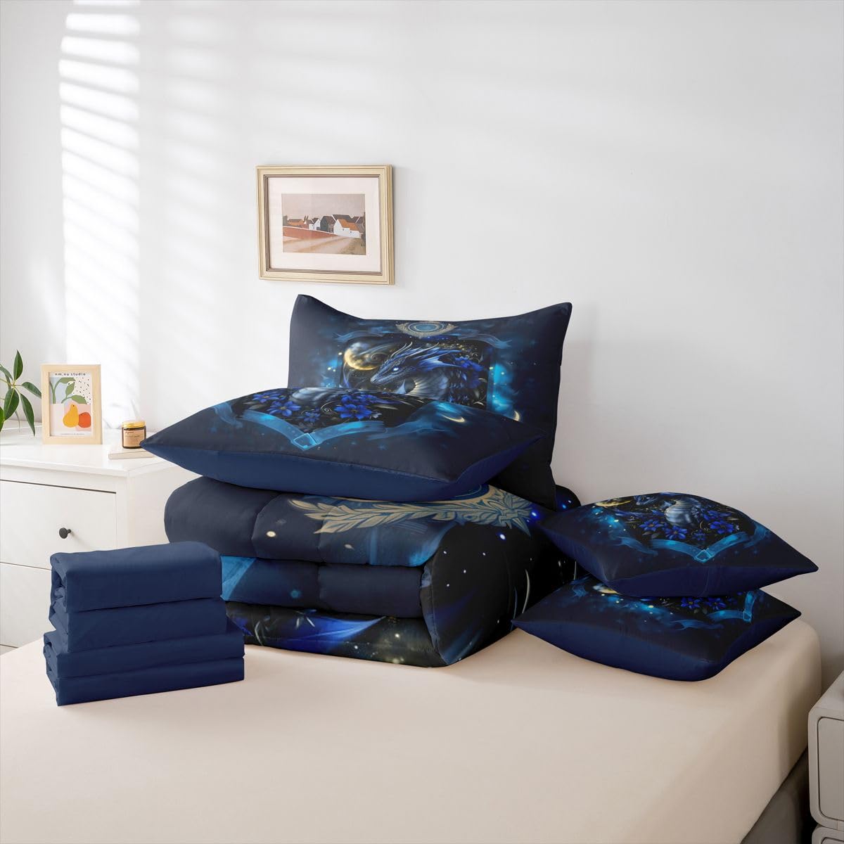 Feelyou Dragon Twin Comforter Set with Sheets for Kids Boys Girls Wild Life 7 Pieces Bedding Set Jungle Dragon Bed in a Bag Wild Animal Room Decor Dull Blue Soft Lightweight Microfiber
