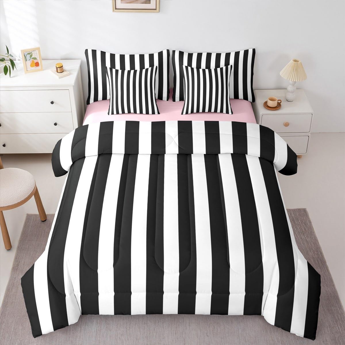 Erosebridal Black and White Striped King 7-Piece Bedding Set | Striped Comforter Set with Sheets Pink and Black Bed in a Bag for Kids Teens Adults Cute Pinstripe Girls Bedding Sets & Collections