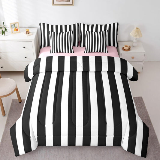 Erosebridal Black and White Striped King 7-Piece Bedding Set | Striped Comforter Set with Sheets Pink and Black Bed in a Bag for Kids Teens Adults Cute Pinstripe Girls Bedding Sets & Collections