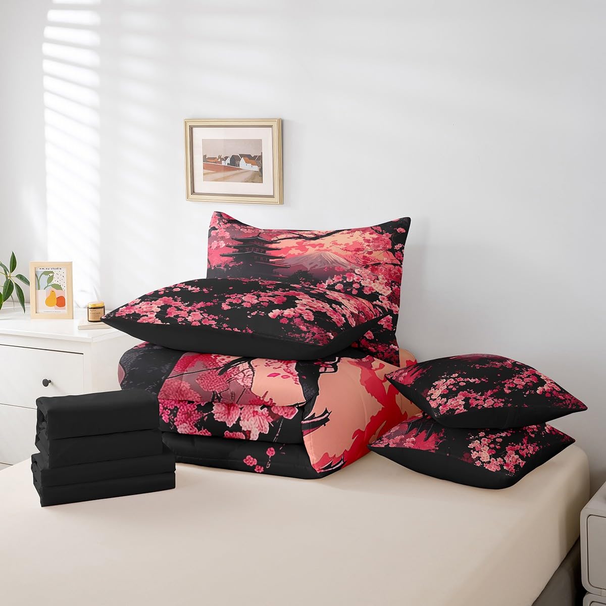 Erosebridal Pink Cherry Blossom Queen Comforter Set with Sheets,Oriental Japanese Style Bedding Set for Kids Adults,Mountain Scene Bed Set with Fitted+Flat Sheet,Pillowcases,Throw Pillow Covers