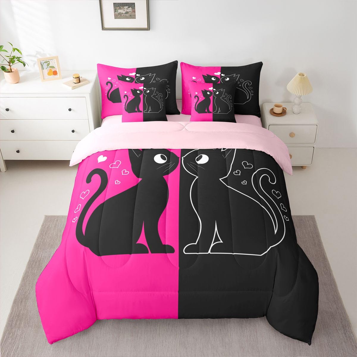 Cute Black Cat 7-Piece Bedding Set Full Size (Hot Pink and Black) | Valentine's Day Cats Bed in a Bag for Couple Lovers Romantic Cats Comforter Set with Sheets Kawaii Pet Animal Duvet Insert