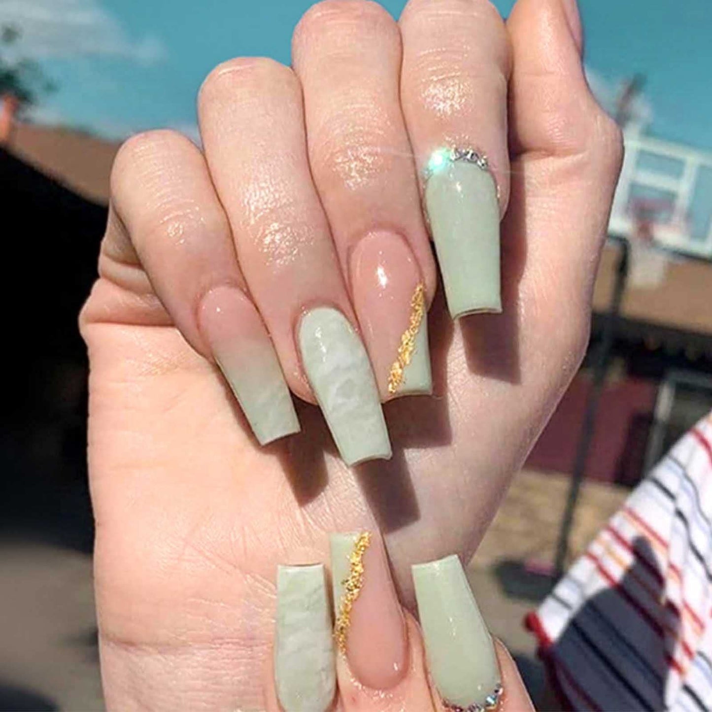 YoYoee Long Fake Nails Acrylic Coffin Press on Nails Full Cover Ballerina False Nails for Women and Girls 24PCS