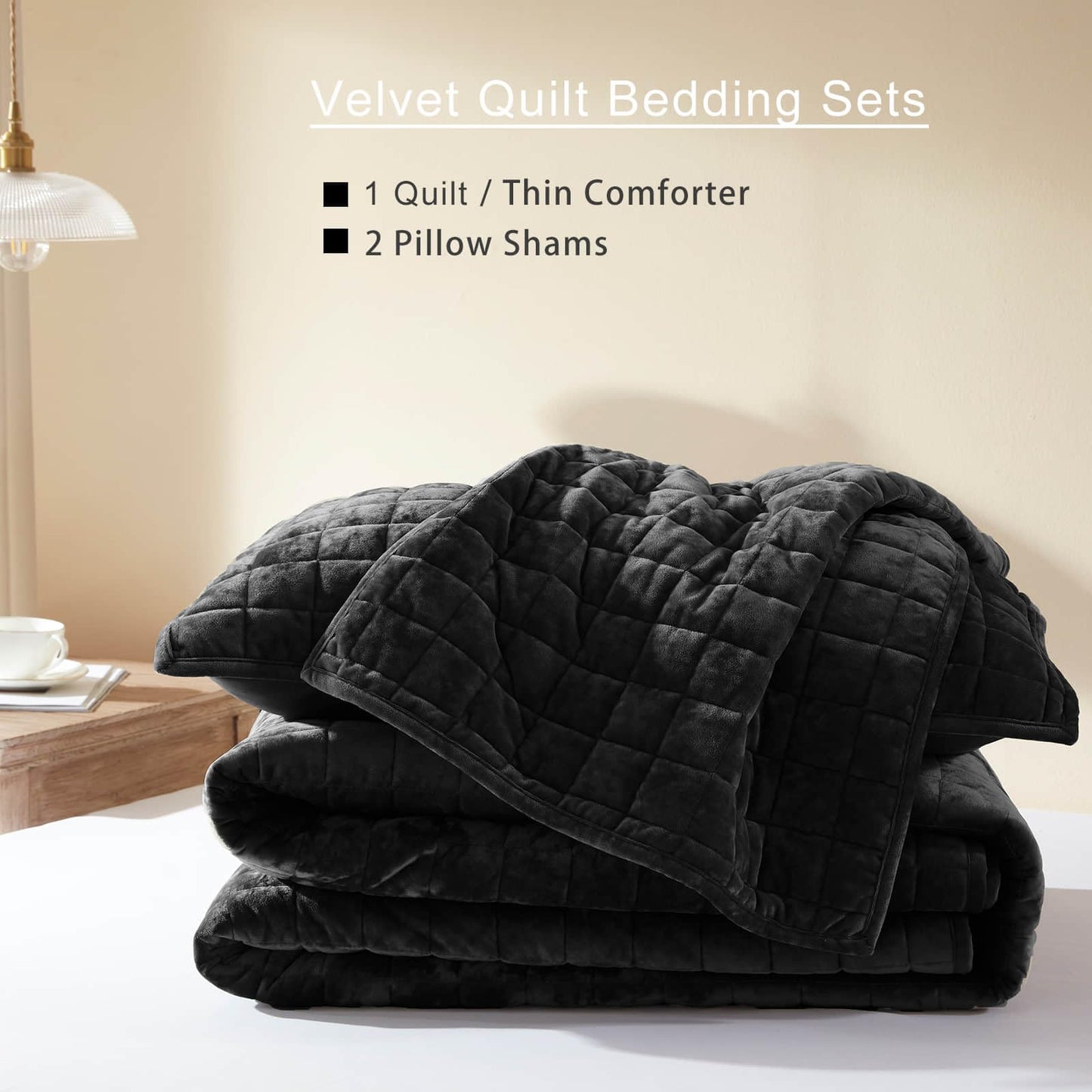 LEAONME Velvet Quilt California King-118''x106'', Lightweight Black Velvet Comforter Set with 2 Pillow Shams, Soft Oversized Bedspread Coverlet Quilted Bedding Set for All Season