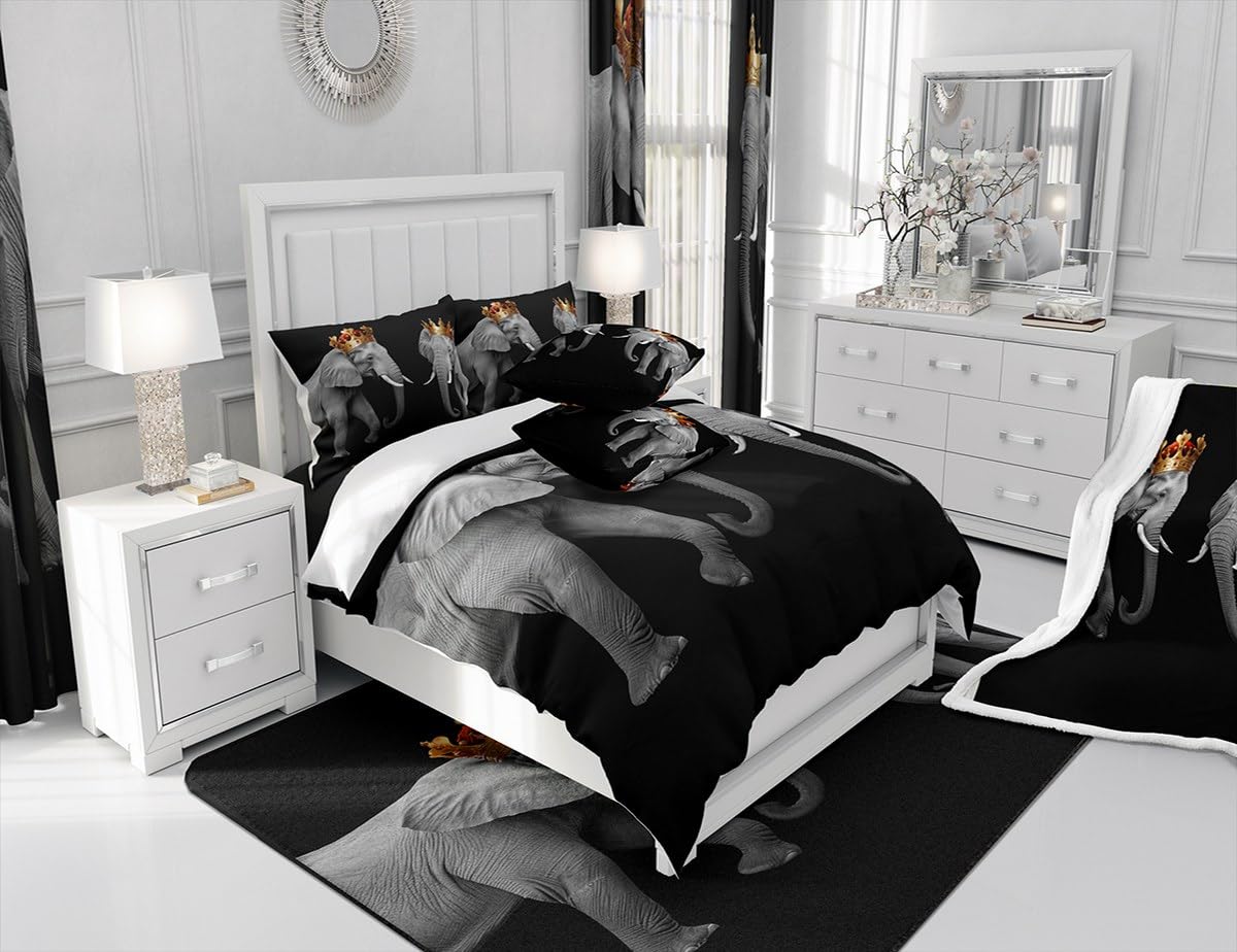 Elephant Couple Duvet Cover Set Full Size,3D African Tropical Wild Animal Comforter Cover with 2 Pillowcases,Golden King and Queen Crown Breathable Bedspread for Boys Teens