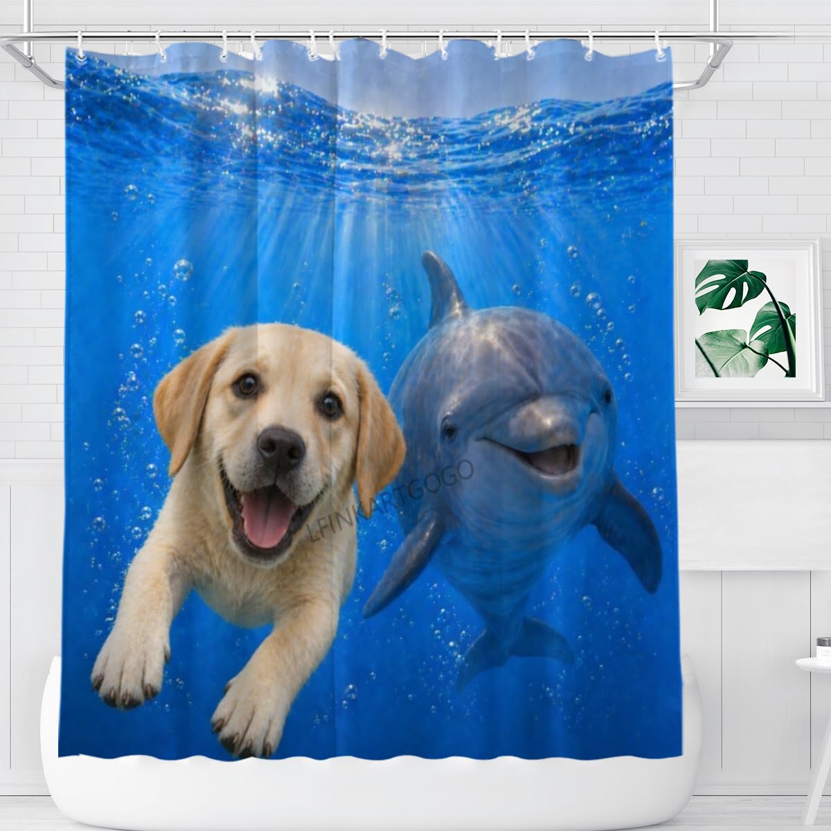 LFINKARTGOGO Ocean Labrador Retriever Shower Curtain 72x72 with 12 Hooks Underwater Animal Dolphin Waterproof Washable Polyester Bath Curtain for Home Hotel Decor