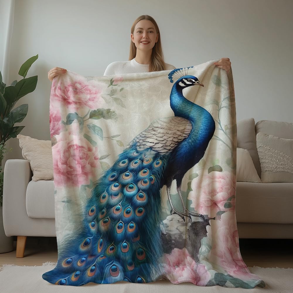HUNXIAOJ Peacock Throw Blanket for Couch Peacock Themed Decor Animal Print Blanket King Size Soft Warm Flannel for Sofa Bed (50 in x 60 in)