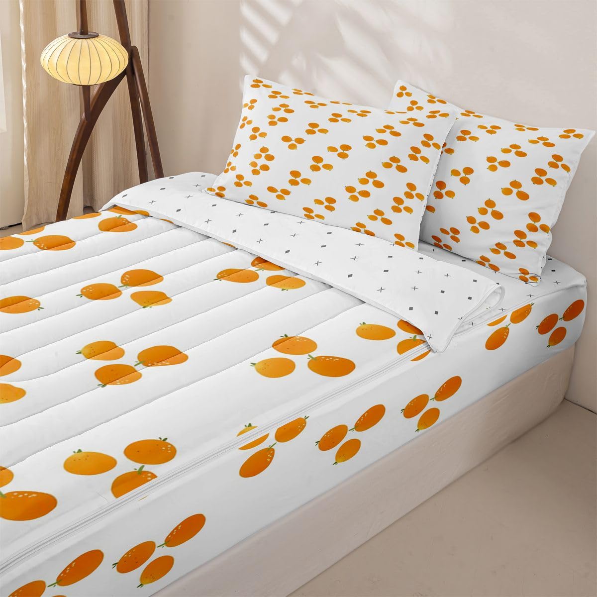 Erosebridal Orange Zipper Bedding Set Twin Modern Zip Up Comforter Set with Sheets Cartoon Fruit Bed in a Bag Hand Drawn Print Bed Sets with 2 Pillowcases