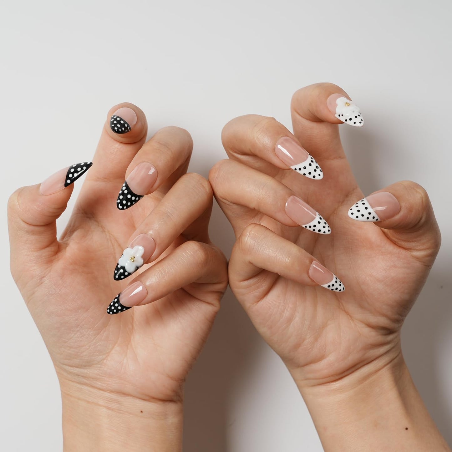 Tesytto Press On Nails Medium Almond, Handmade 3D Flower Polka Dot Fake Nails, French Tip Nude Black White Acrylic Nails, Reusable Press-On Nail Kit (Pink Polka Floral Rhyme,M)