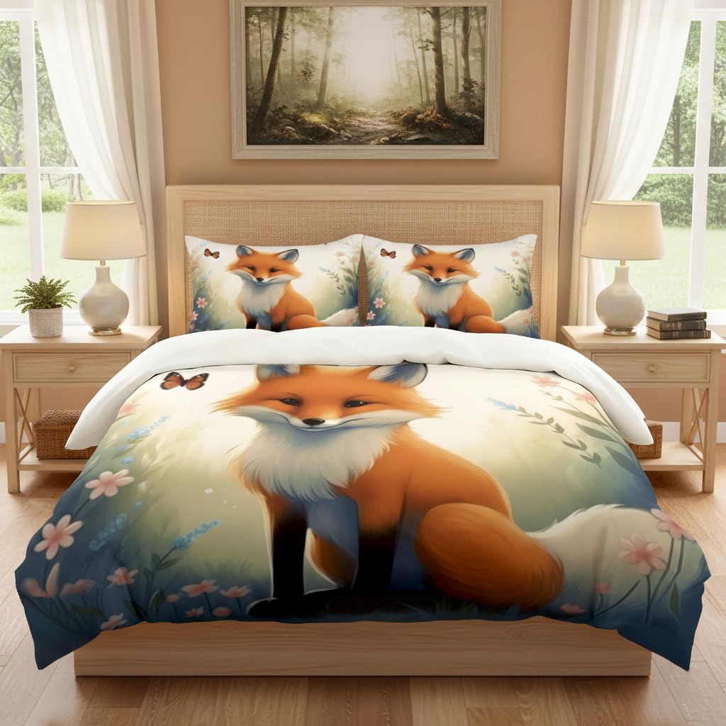 CCoutueChen Fox Comforter Set Twin Size, Cute Animal Print Bedding Set for Kids Bedroom Decor/68 * 86