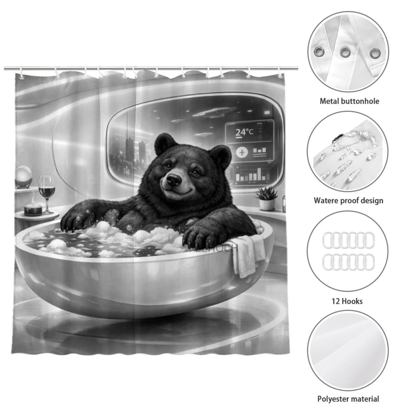 REZHOCH Black and White Fun Black Bear Shower Curtain 72x72Inch,Futuristic Design Modern Minimalist Home Bathroom Decor,Cute Animal Bathtub Bubble Waterproof Bath Set with Hooks