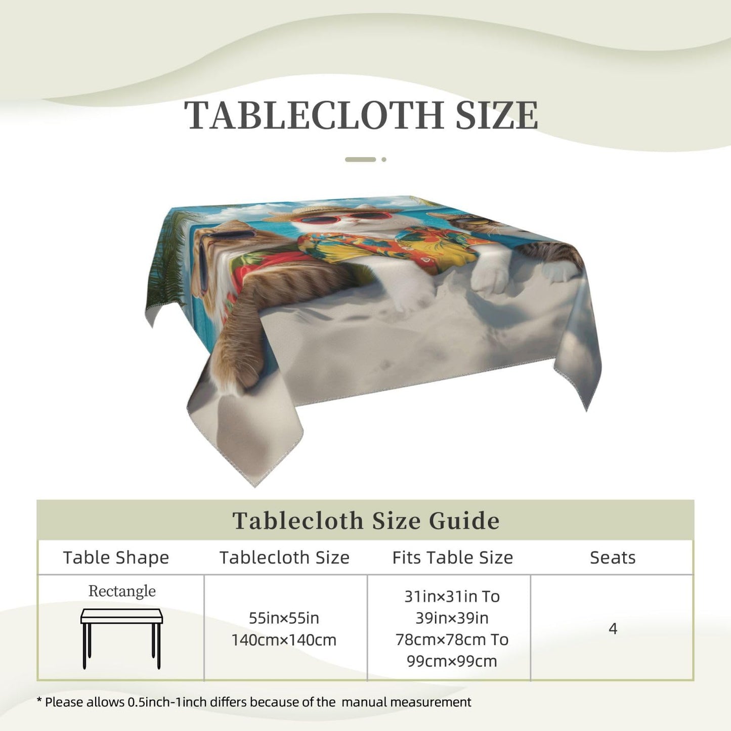 Entemne Square Table Cloth 55x55 Inch Funny Animal Cat Sea Beach Tablecloth Washable Soft Wrinkle Free Dust Proof Card Table Cover for Tea Party Picnic Kitchen Dining Decor