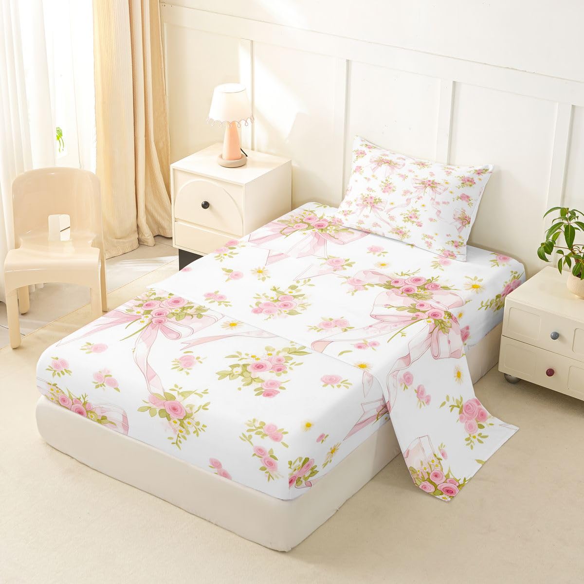 Erosebridal Boho Flowers Leaves Sheet Set Farmhouse Leaf Flower Rustic Twin Sheets Set for Preteen Boys Girls,Cartoon Kawaii Watercolor Bow Bohemian Floral Bow Tie Fitted Sheet