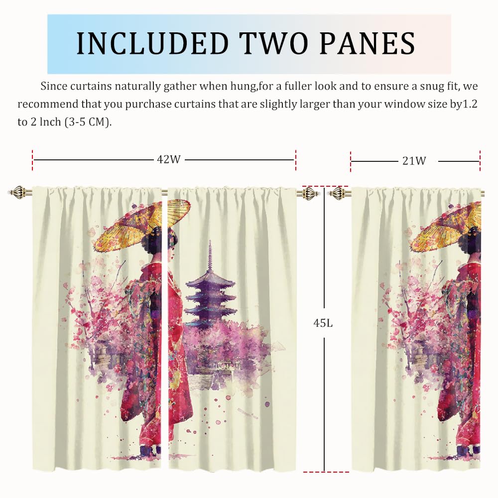 XSUPFLYM Fantasy Retro Japanese Geisha Window Thermal Curtain for Living Room Beautiful Ink Painting Japanese Plant Cherry Blossom Blackout Curtains for Bedroom 2 Panels Each 21" W x 45" L