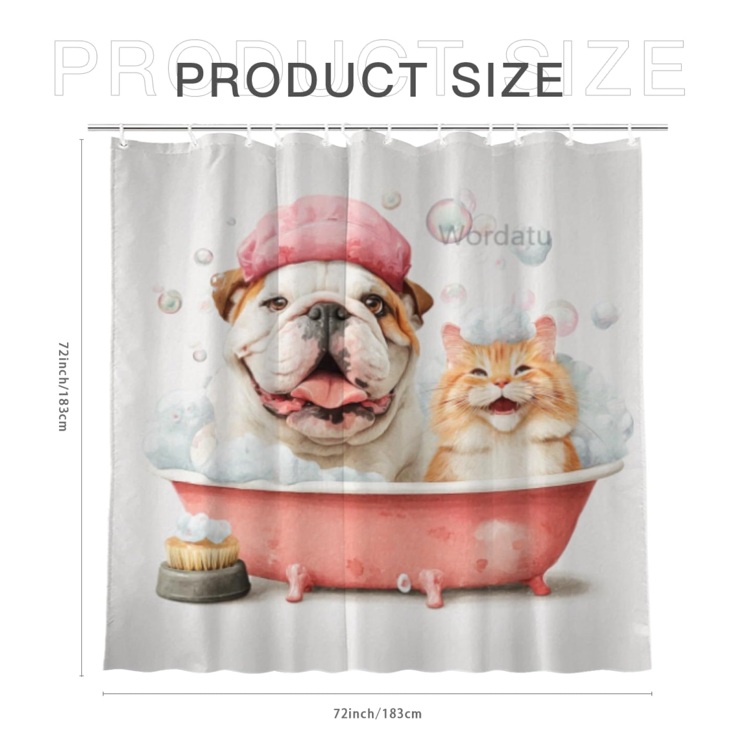 Wordatu Funny Bulldog- Shower Curtain Decor Fabric Bathroom Curtains, Kids Children Cartoon Waterproof 72x72 inch with 12 Hooks