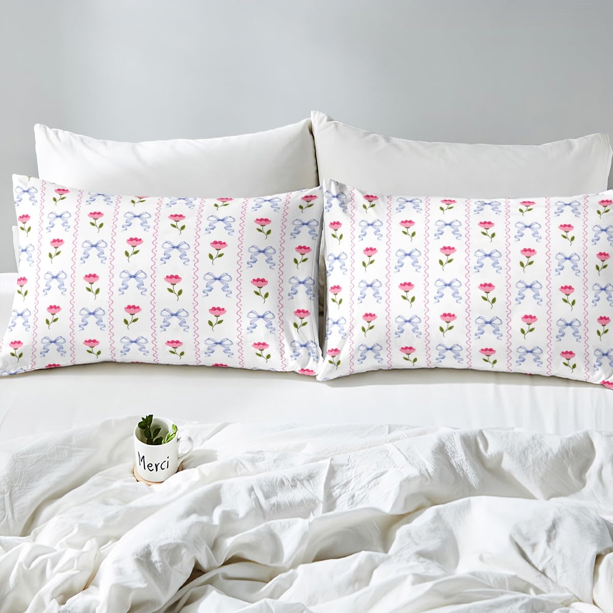 jejeloiu Bow Bed Sheets Set Twin Size Rose Deep Pocket Fitted Sheet Colourful Bowknot Bedding Sets Rose Floral Flower Soft Bed Set 3Pcs with 1 Pillow Cases