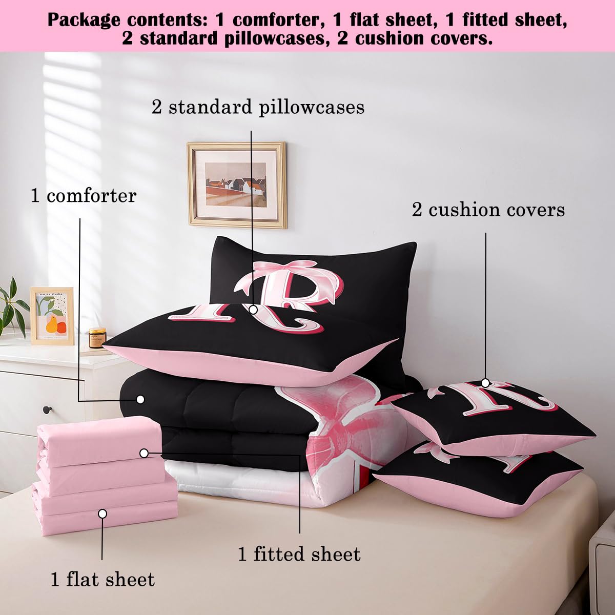 jejeloiu Kawaii Pink Bow Twin Comforter Set with Sheets,Gifts for Women Teen Girl,Personalized Initial Letter R 7 Piece Bedding Set,Soft Monogrammed Bed in a Bag with Comforter,Sheets,Pillowcases