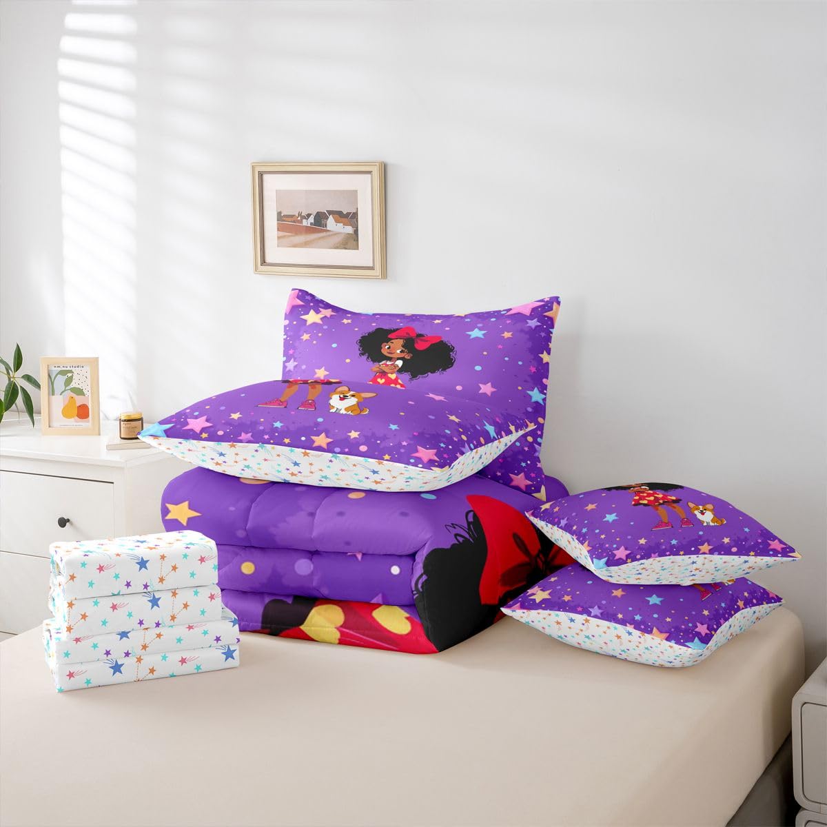 Erosebridal Cartoon Black Girls Queen Bedding Set Coloful Stars Print Comforter Set with Flat and Fitted Sheet Kids Teen Cute Polka Dots 7-Piece Bed in a Bag Kawaii Bow Girl Dog Quilt Sets
