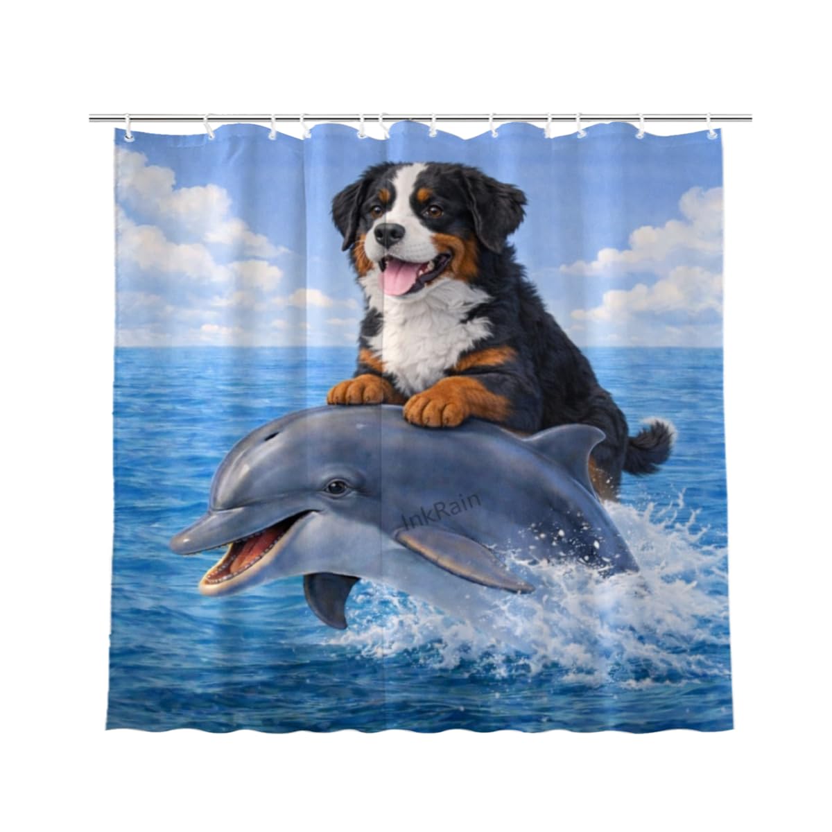 InkRain Ocean Bernese Mountain Shower Curtain with 12 Hooks Cute Puppy Riding Dolphin Bathroom Decor Waterproof Polyester Fabric Coastal Beach Bath Curtain 72x72 Inch