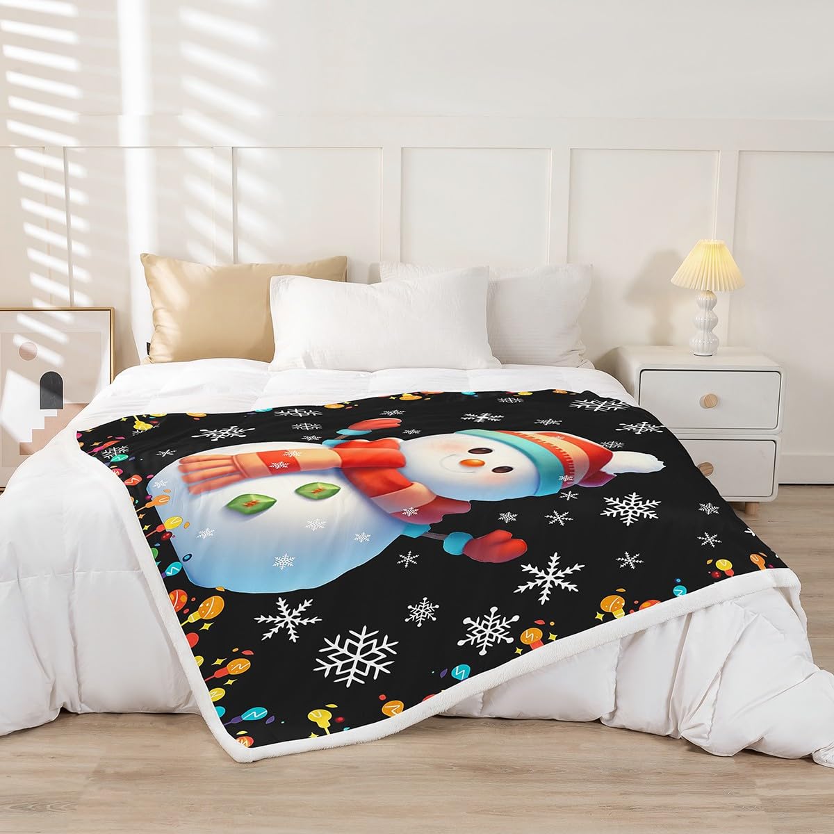 Erosebridal Kids Merry Christmas Throw Blanket Baby 30"X40" Cute Xmas Decor Sherpa Blanket with Kawaii Snowman Flannel Blanket for New Year,Snowflake Black Throw Blanket for Kids Boys Teens Bedroom
