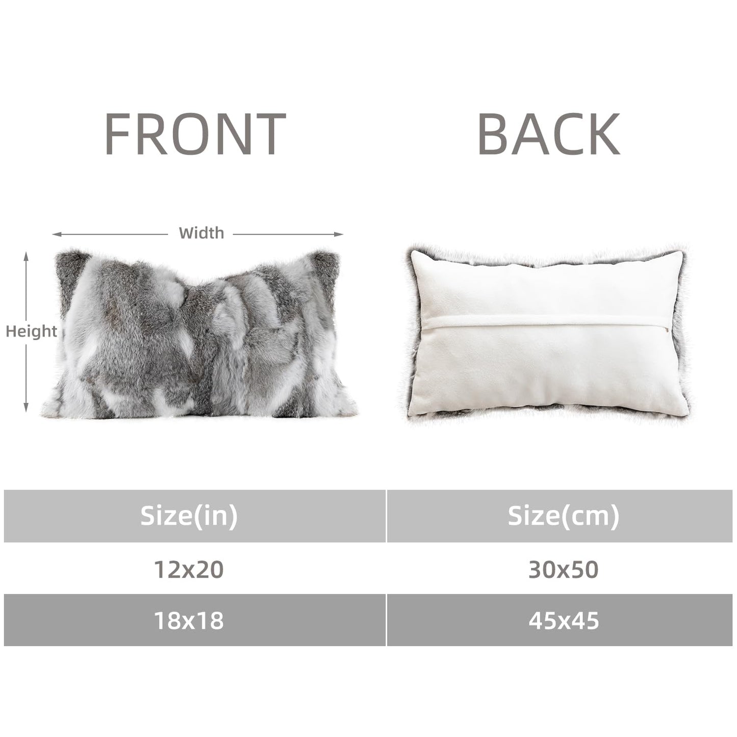 ROSE FEATHER Genuine Rabbit Fur Pillow Covers Set of 2, Luxury Decorative Throw Pillowcases Fluffy Animal Skin Accents Bolster Cushion Cover for Couch Sofa Bedroom Living Room Home,12x20inch, Grey