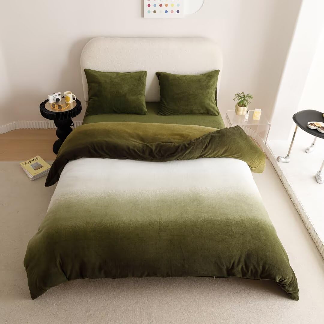 CLOTHKNOW Dark Green Velvet Duvet Cover Set Queen 3Pcs Green White Bedding Sets Fluffy Olive Green Bedding Duvet Cover Sets Soft Flannel Bedding Queen Sets Hunter Green Bedding Cover Sets Queen
