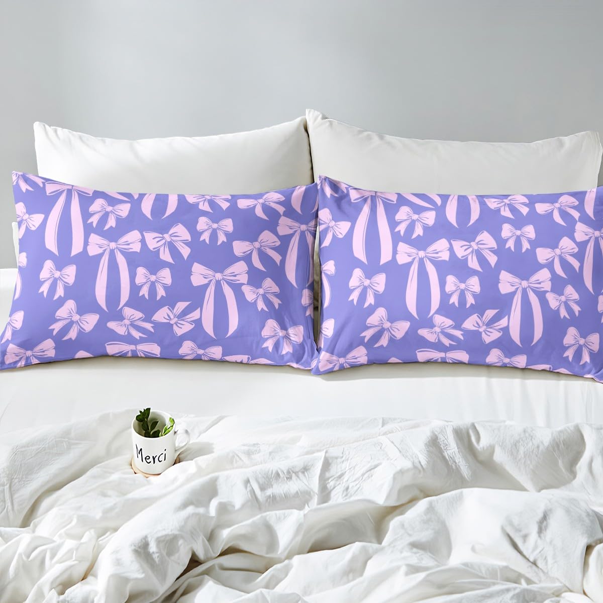 Feelyou Cute Bowknot Bedding Sheets Girls Like Full Purple Bowknot Bed Sheet Set Kids Cartoon Style Fitted Sheet Ribbons Silk Bows Bed Cover 3Pcs,1 Fitted Sheet+2 Pillow Sham（No Flat Sheet）