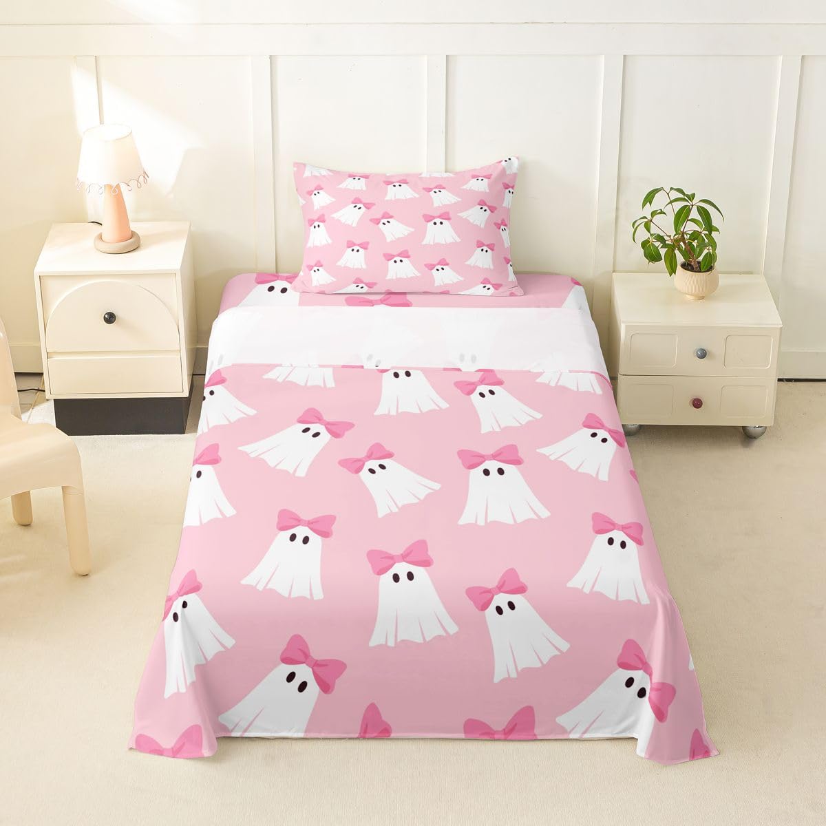 Feelyou Cute Pink Halloween Bed Sheets Set Twin Size Halloween Bow Ghost Bed Set Kawaii Ghost Deep Pocket Fitted Sheet Breathable Soft Lightweight Microfiber