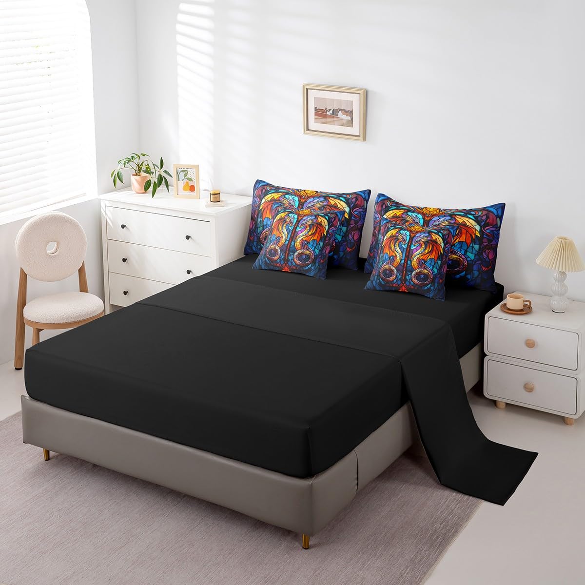 7 Pieces Retro Castle Stained Glass Comforter Set Queen,Magical Dragon Bed Set for Kids Boys Girls,Abstract Art Bedding(1 Comforter,1 Fitted Sheet,1 Flat Sheet,2 Pillowcases,2 Throw Pillow Cover)
