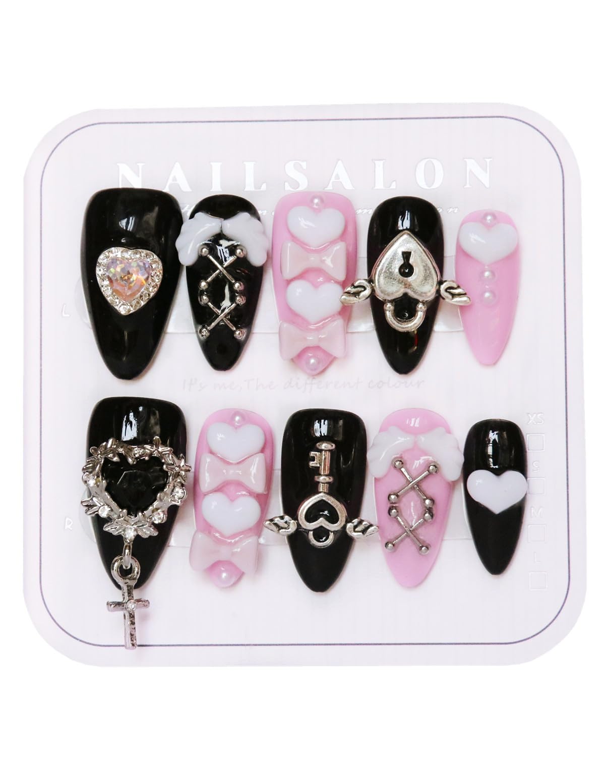 CAMILCY Luxury Handmade Press on Nails Pink Black Almond Short Gothic Heart Cross Charms Long Fake Nails Glossy Full Cover Reusable Acrylic Nail Tips for Women 10pcs (A080, M)