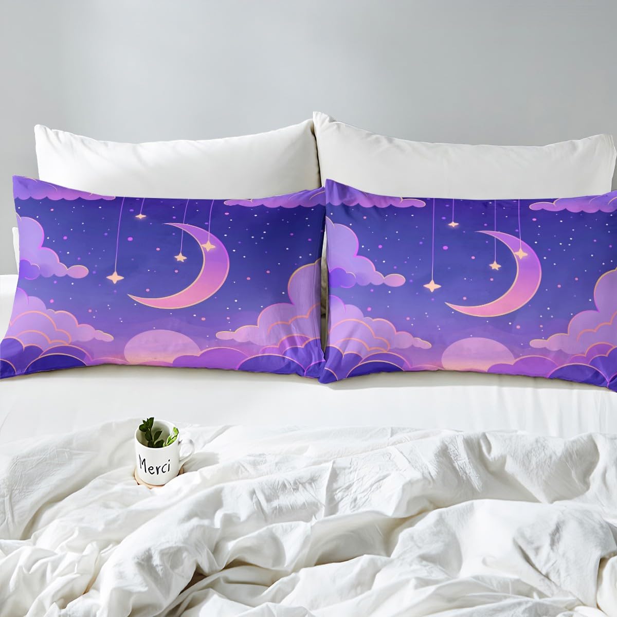 Moon Night Kids Fitted Sheet Full Size,Cartoon Moon Stars Clouds Bedding Set,Boys Girls Room Decor,Starry Sky Romantic Bed Cover,Purple Yellow Bed Sheet,2 Pillowcases