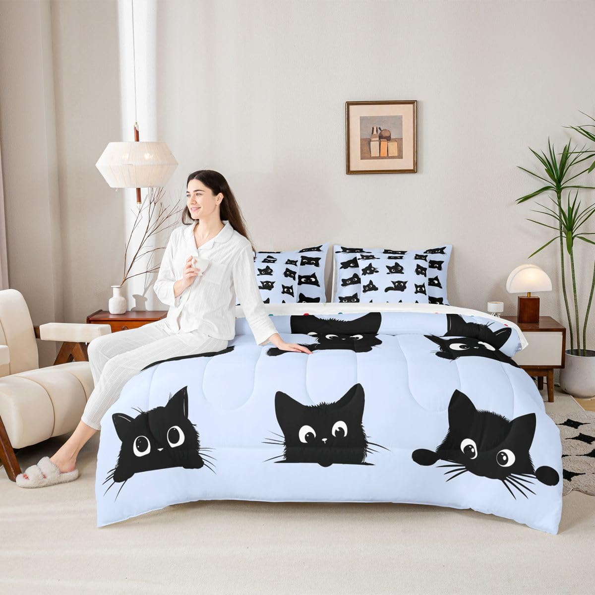 Erosebridal Cute Cat 7-Piece Bedding Set Full Size for Kids Boys Girls (Black and Blue) - Funny Black Cats Bed in a Bag Cartoon Kitten Animal Comforter Set with Sheets Cute Cat Duvet Insert