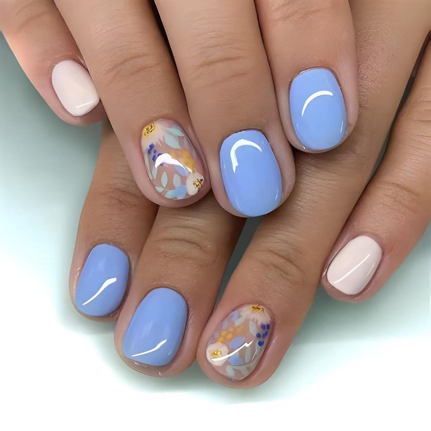 Flower Press On Nails Short Square Fake Nails Blue Spring False Nails With Cute Flowers Designs Artificial Acryluc Glue On Nails Short Full Cover Stick On Nails Press Ons For Women Girls