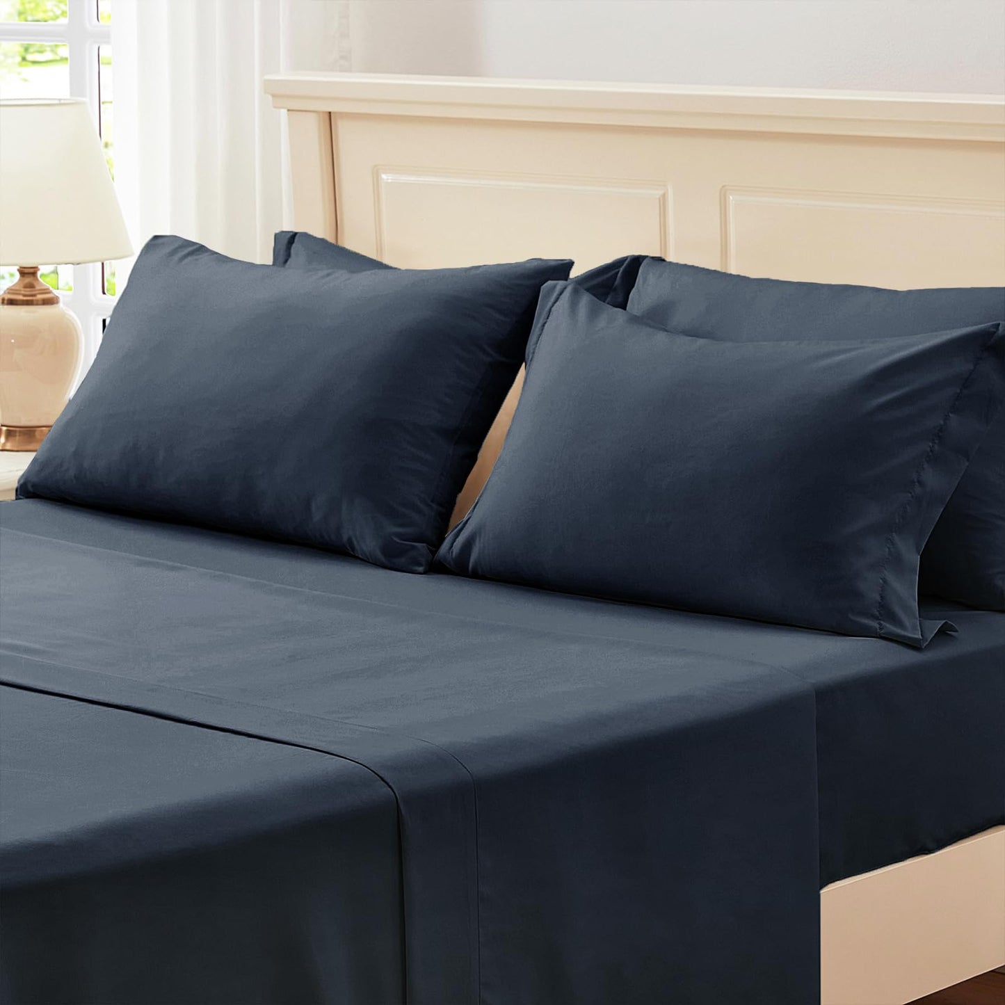 Zzlpp Queen Comforter Set 7 Pieces, Navy Blue Seersucker Bed in a Bag with Comforter, Pillow Shams, Pillowcases, Flat Sheet, Fitted Sheet