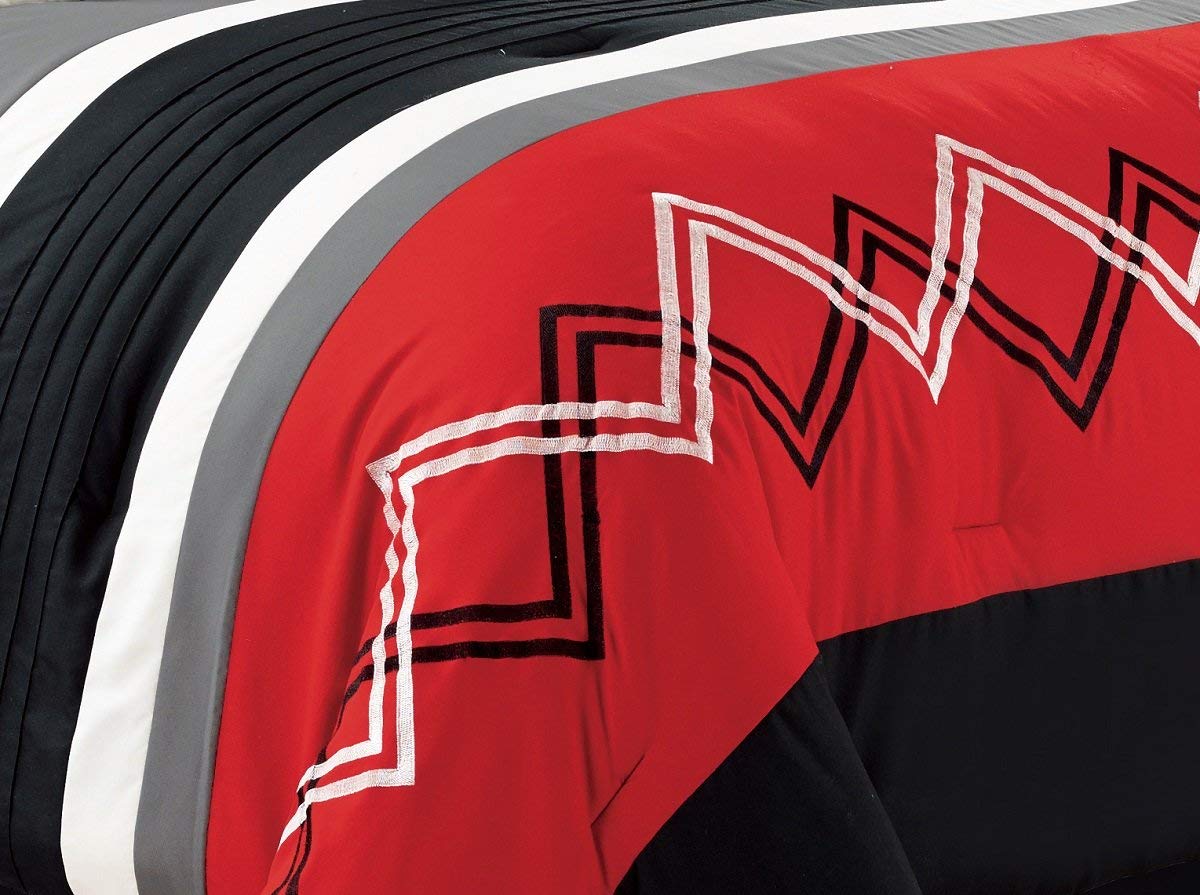 Chezmoi Collection Arden 7-Piece Modern Pleated Stripe Embroidered Zigzag Bedding Comforter Set (King, Red/Black/Gray/Off-White)