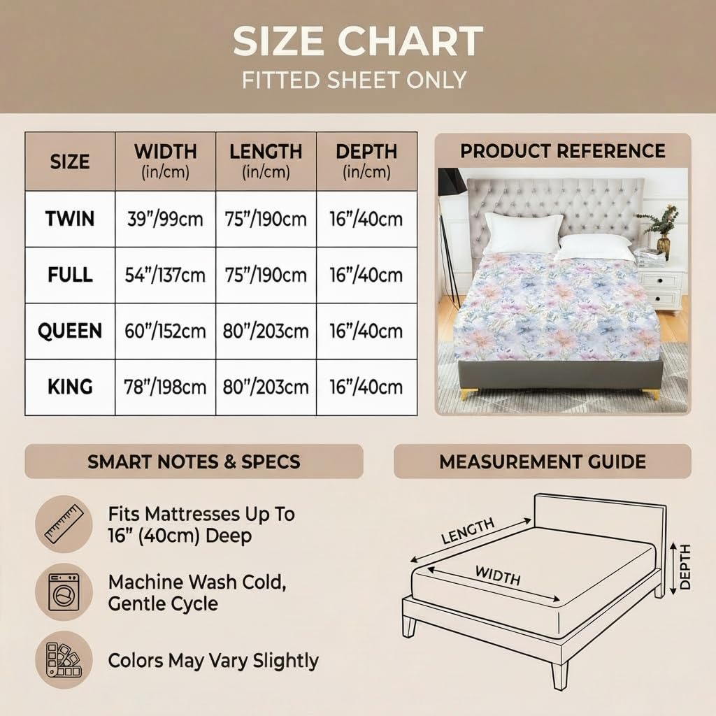 YIYEA Floral Fitted Sheet Only, Premium Double Brushed Microfiber Deep Pocket Fitted Sheet Queen Size, Ultra Soft Fitted Bottom Sheet, Shrinkage, Fade Resistant, Queen